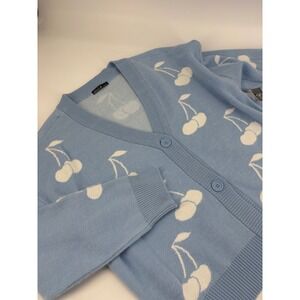 Nikka K Womens Cardigan Sweater Blue Cherry Print V Neck Button‎ Front XL